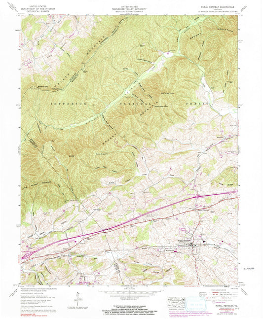 Classic USGS Rural Retreat Virginia 7.5'x7.5' Topo Map Image
