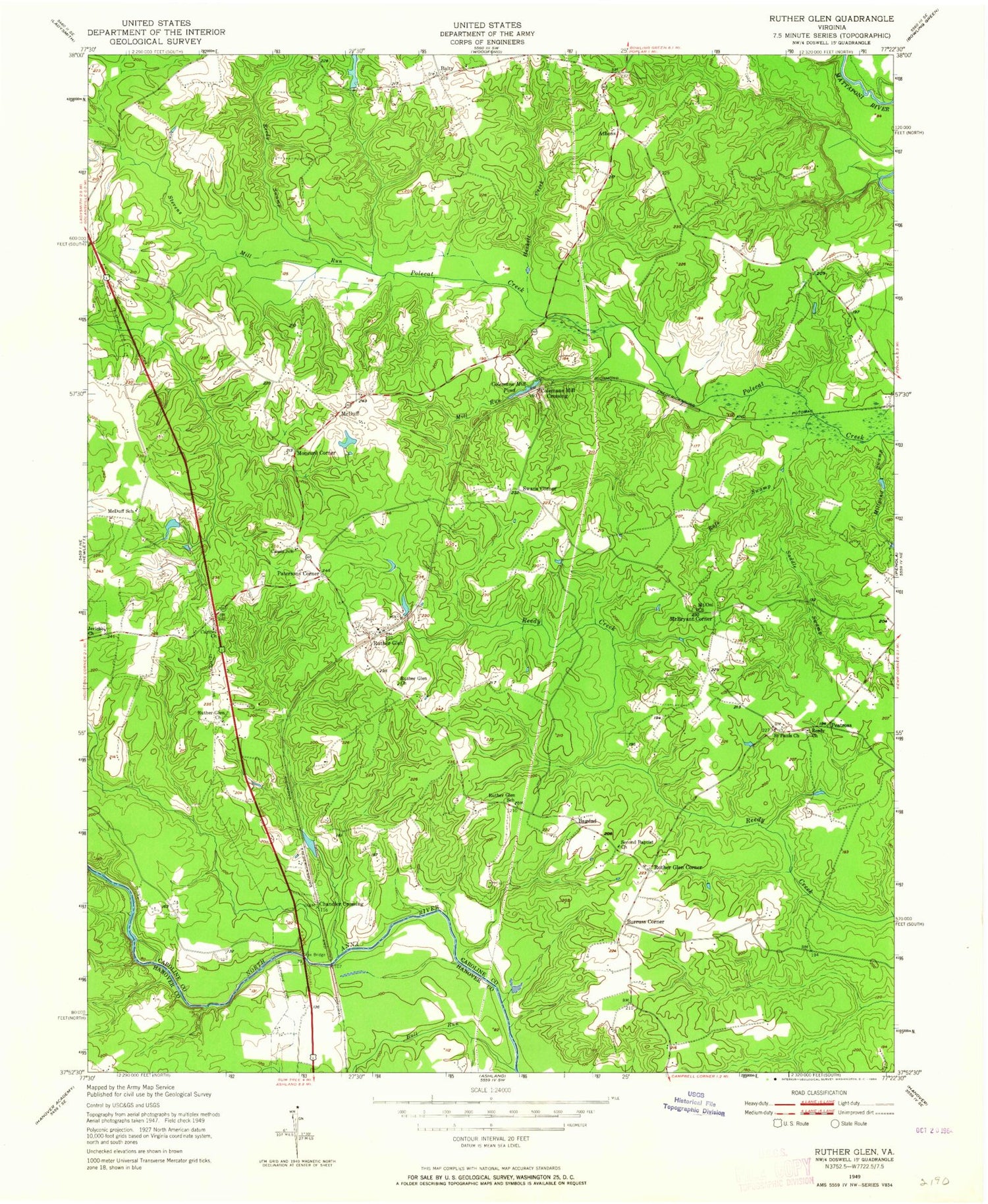 Classic USGS Ruther Glen Virginia 7.5'x7.5' Topo Map Image