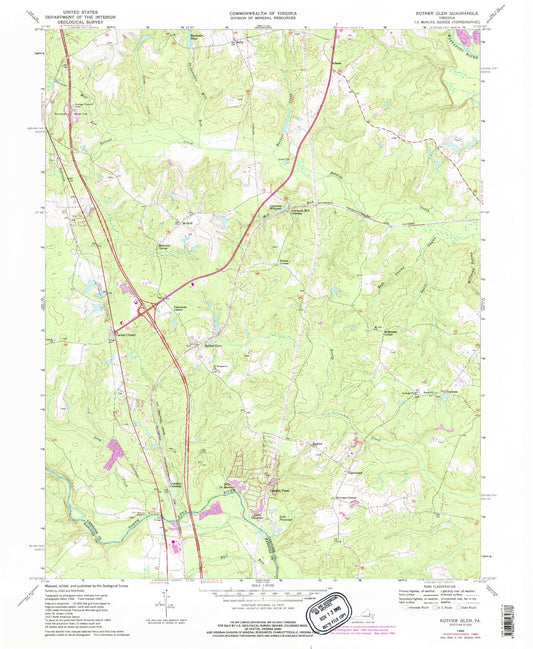 Classic USGS Ruther Glen Virginia 7.5'x7.5' Topo Map Image
