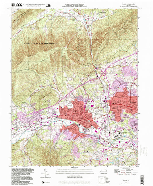 Classic USGS Salem Virginia 7.5'x7.5' Topo Map Image