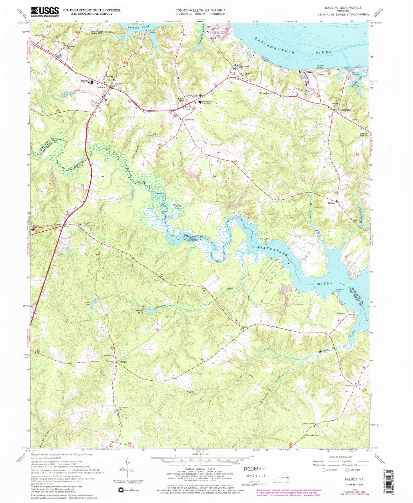 Classic USGS Saluda Virginia 7.5'x7.5' Topo Map Image
