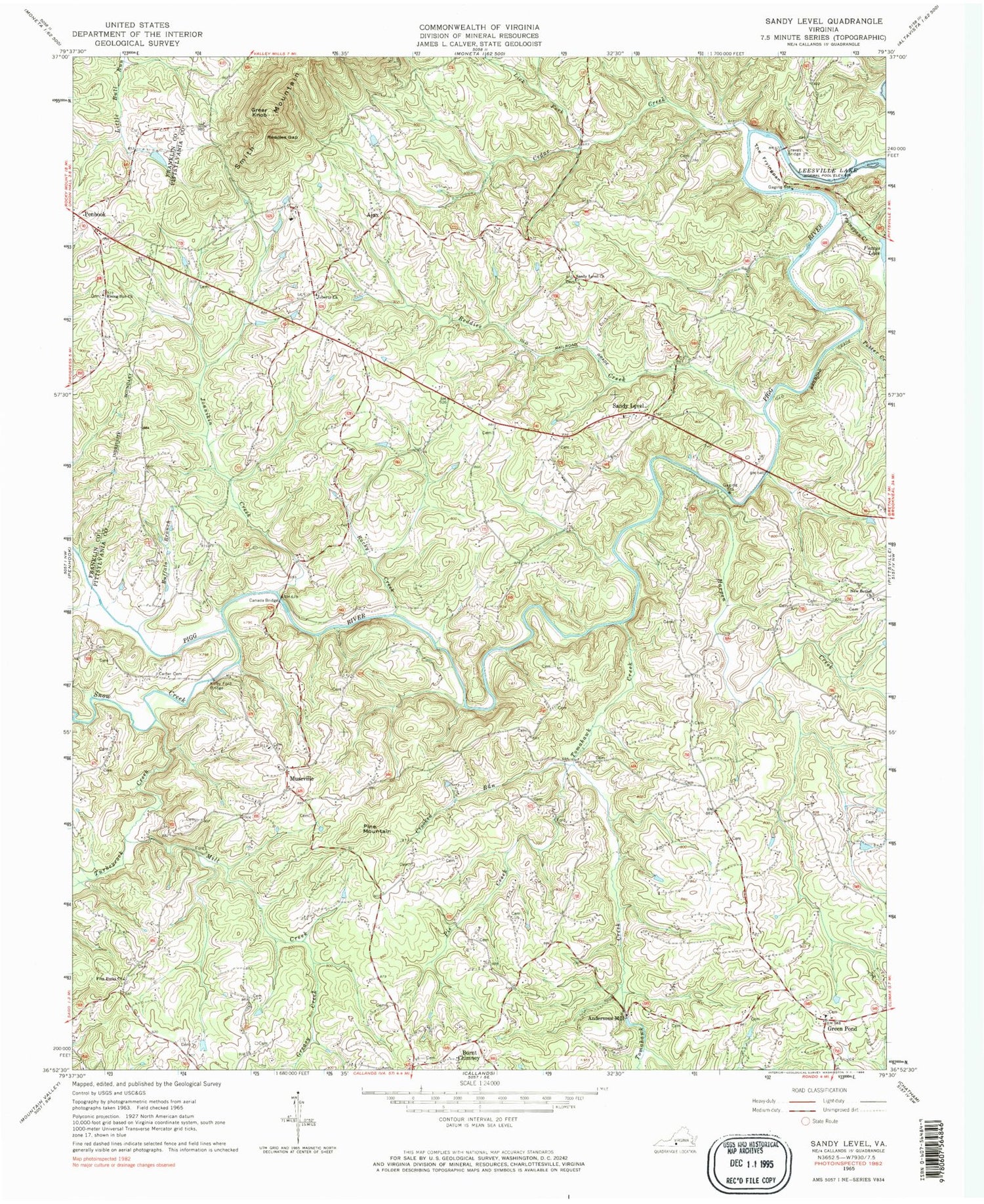 Classic USGS Sandy Level Virginia 7.5'x7.5' Topo Map Image