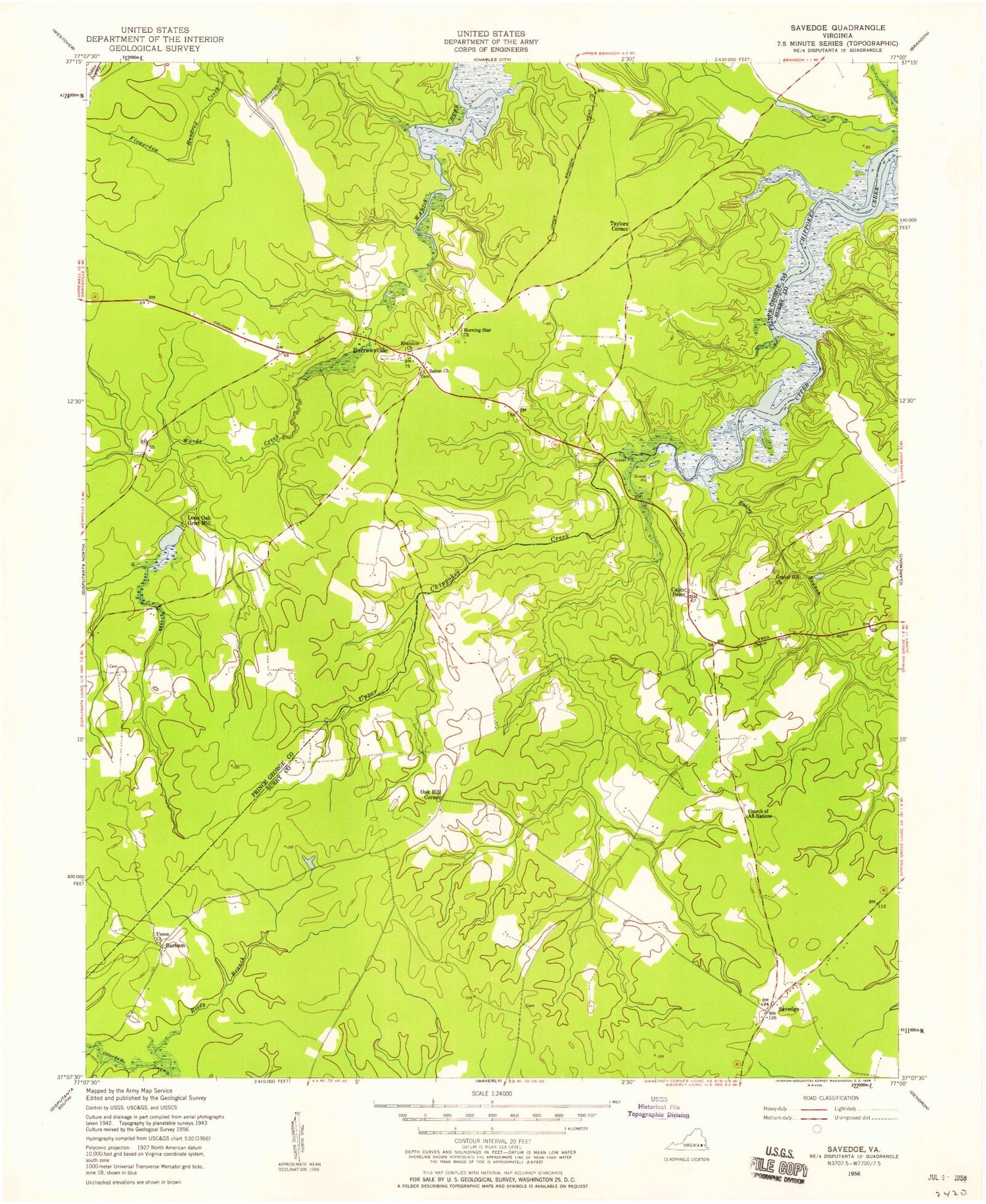 Classic USGS Savedge Virginia 7.5'x7.5' Topo Map Image