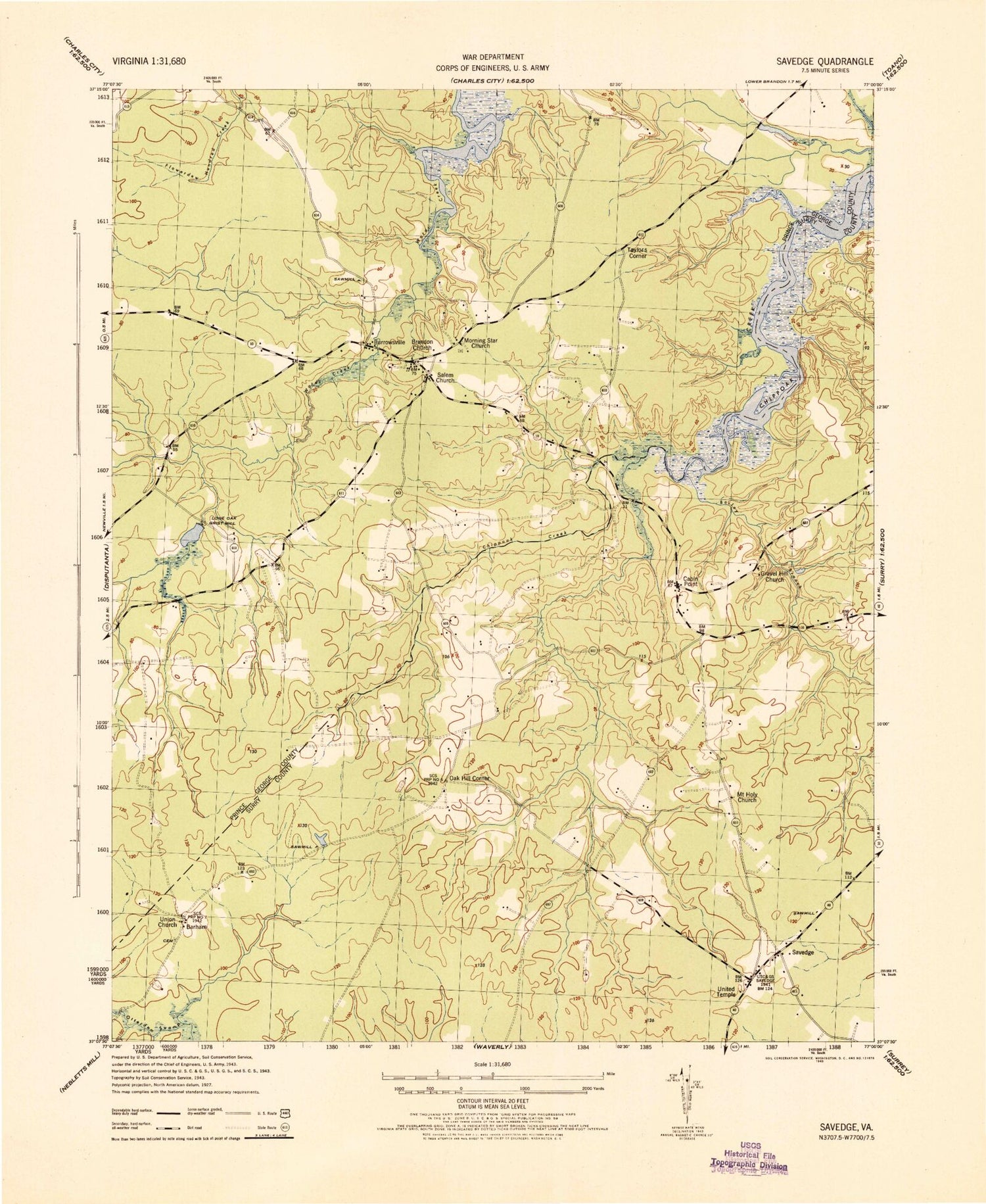 Classic USGS Savedge Virginia 7.5'x7.5' Topo Map Image