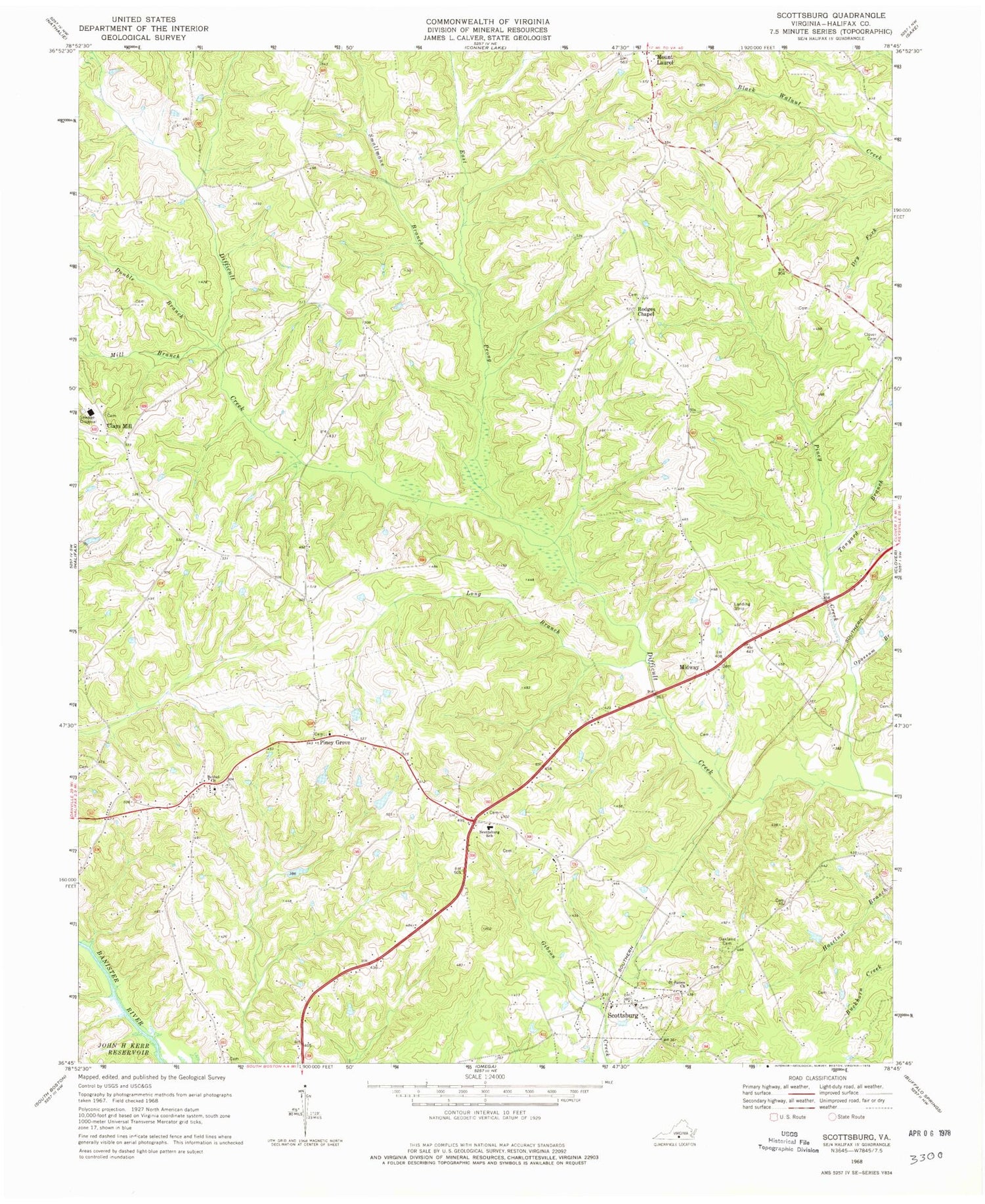 Classic USGS Scottsburg Virginia 7.5'x7.5' Topo Map Image