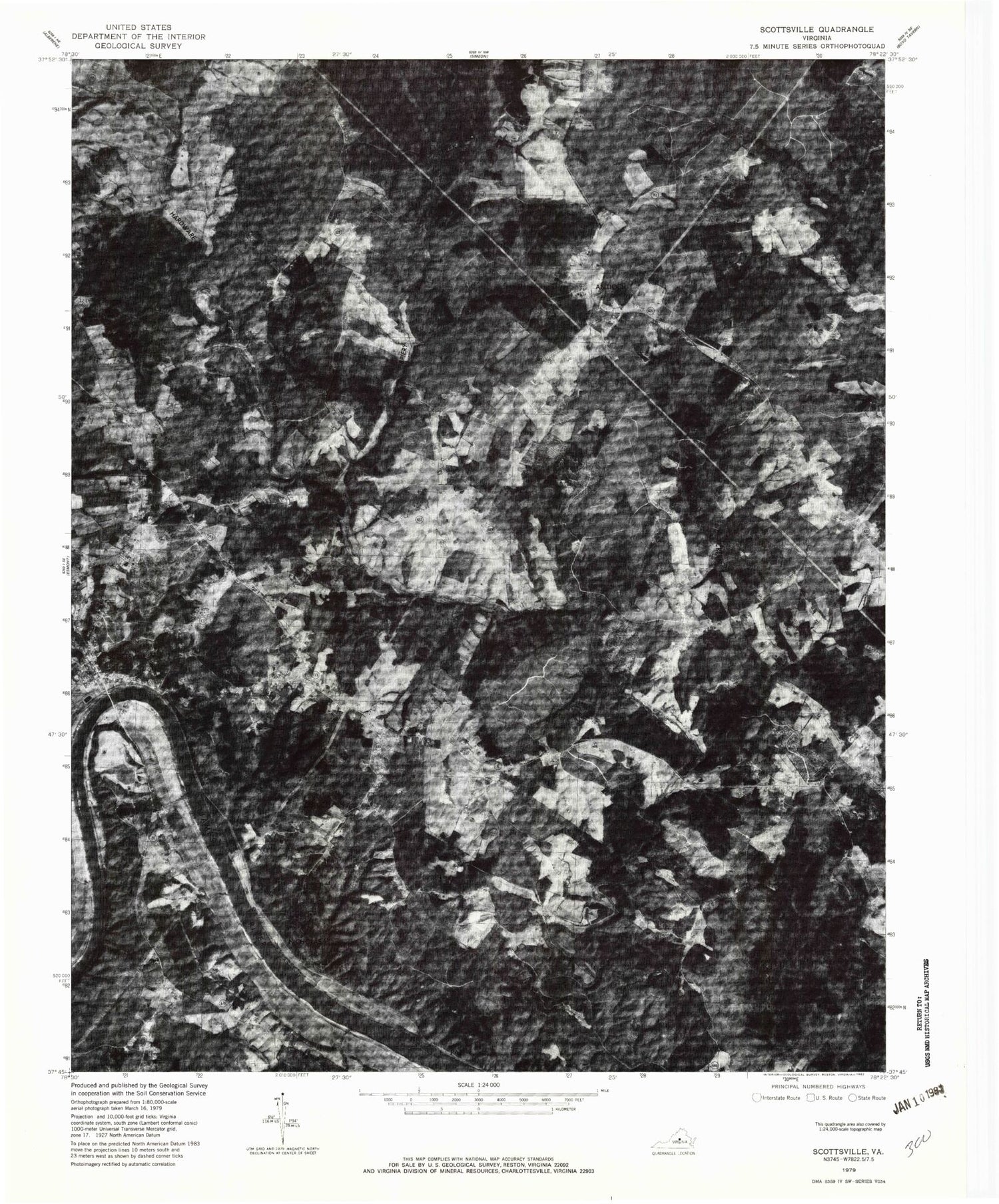 Classic USGS Scottsburg Virginia 7.5'x7.5' Topo Map Image