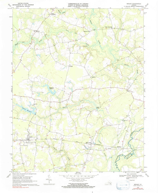 Classic USGS Sedley Virginia 7.5'x7.5' Topo Map Image