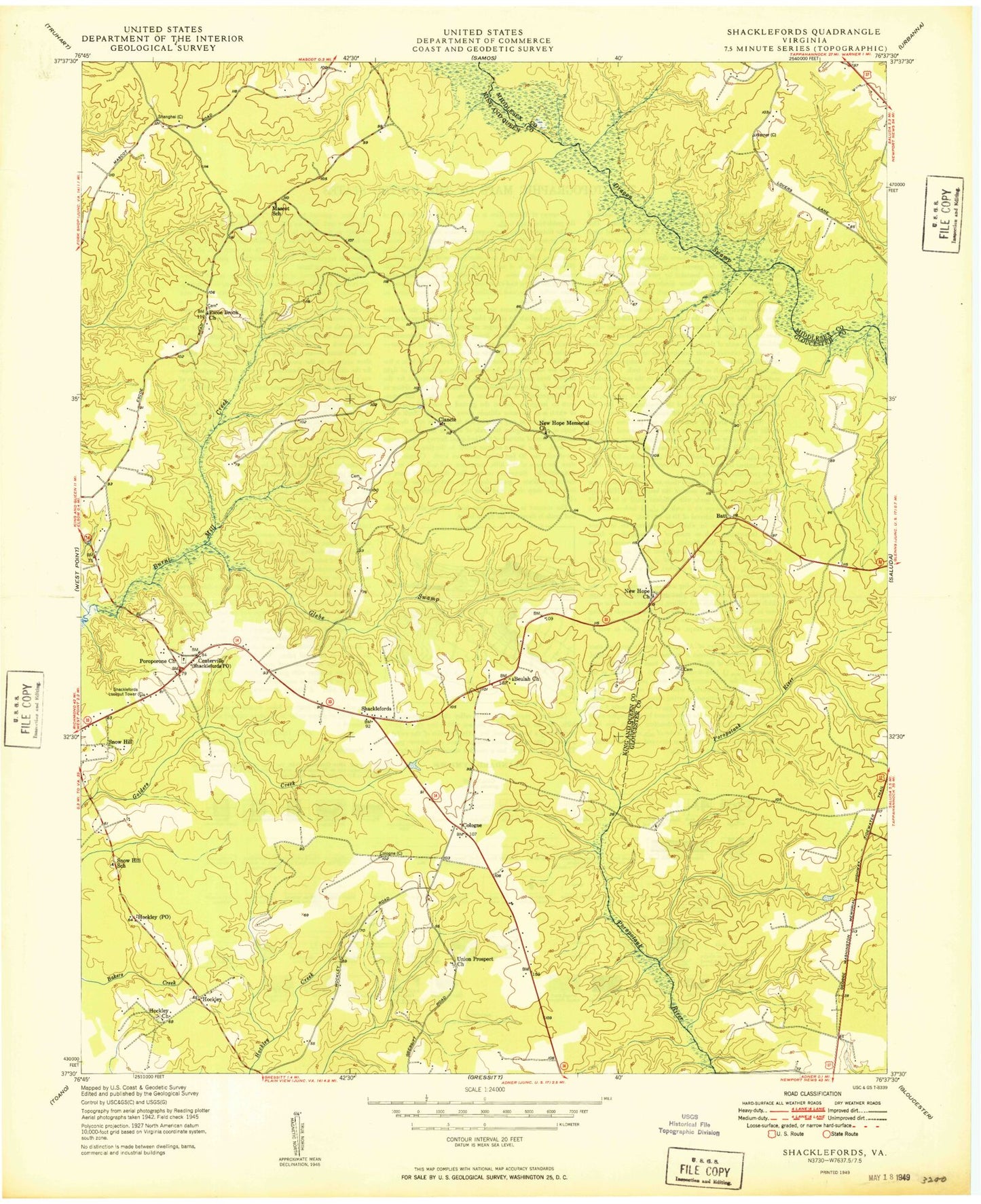 Classic USGS Shacklefords Virginia 7.5'x7.5' Topo Map Image