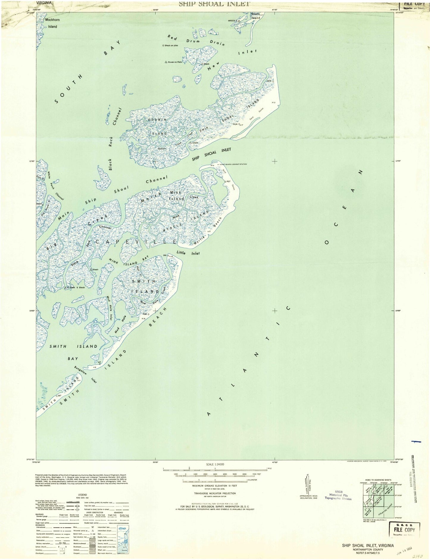 Classic USGS Ship Shoal Inlet Virginia 7.5'x7.5' Topo Map Image