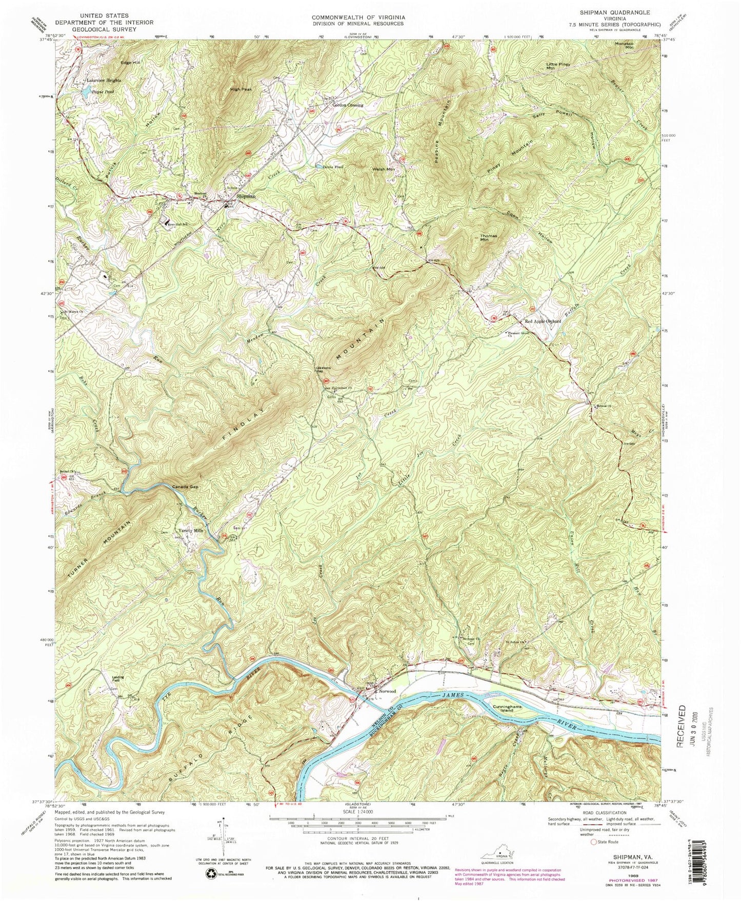 Classic USGS Shipman Virginia 7.5'x7.5' Topo Map Image