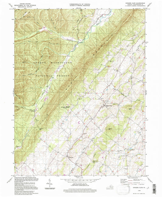 Classic USGS Singers Glen Virginia 7.5'x7.5' Topo Map Image