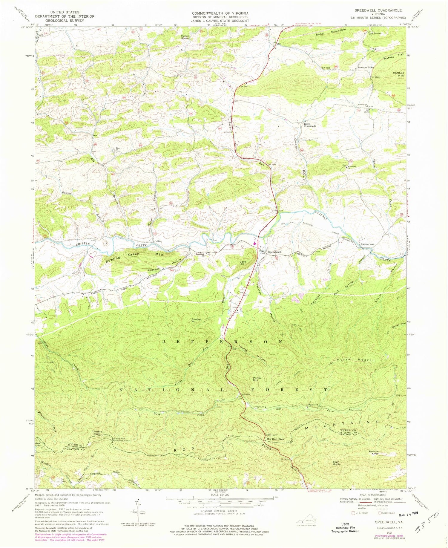 Classic USGS Speedwell Virginia 7.5'x7.5' Topo Map Image