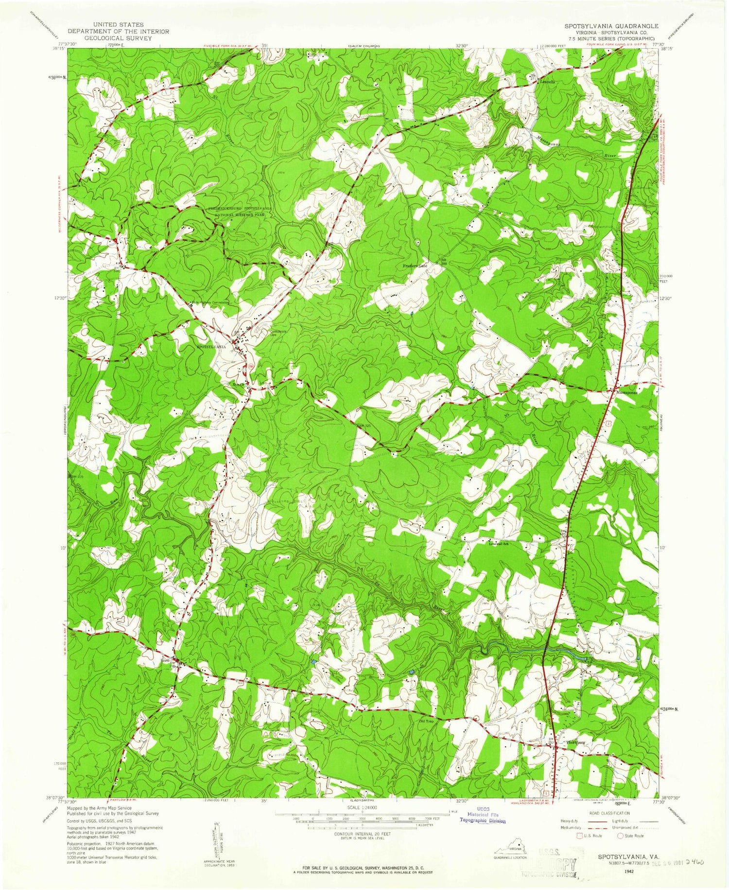Classic USGS Spotsylvania Virginia 7.5'x7.5' Topo Map Image