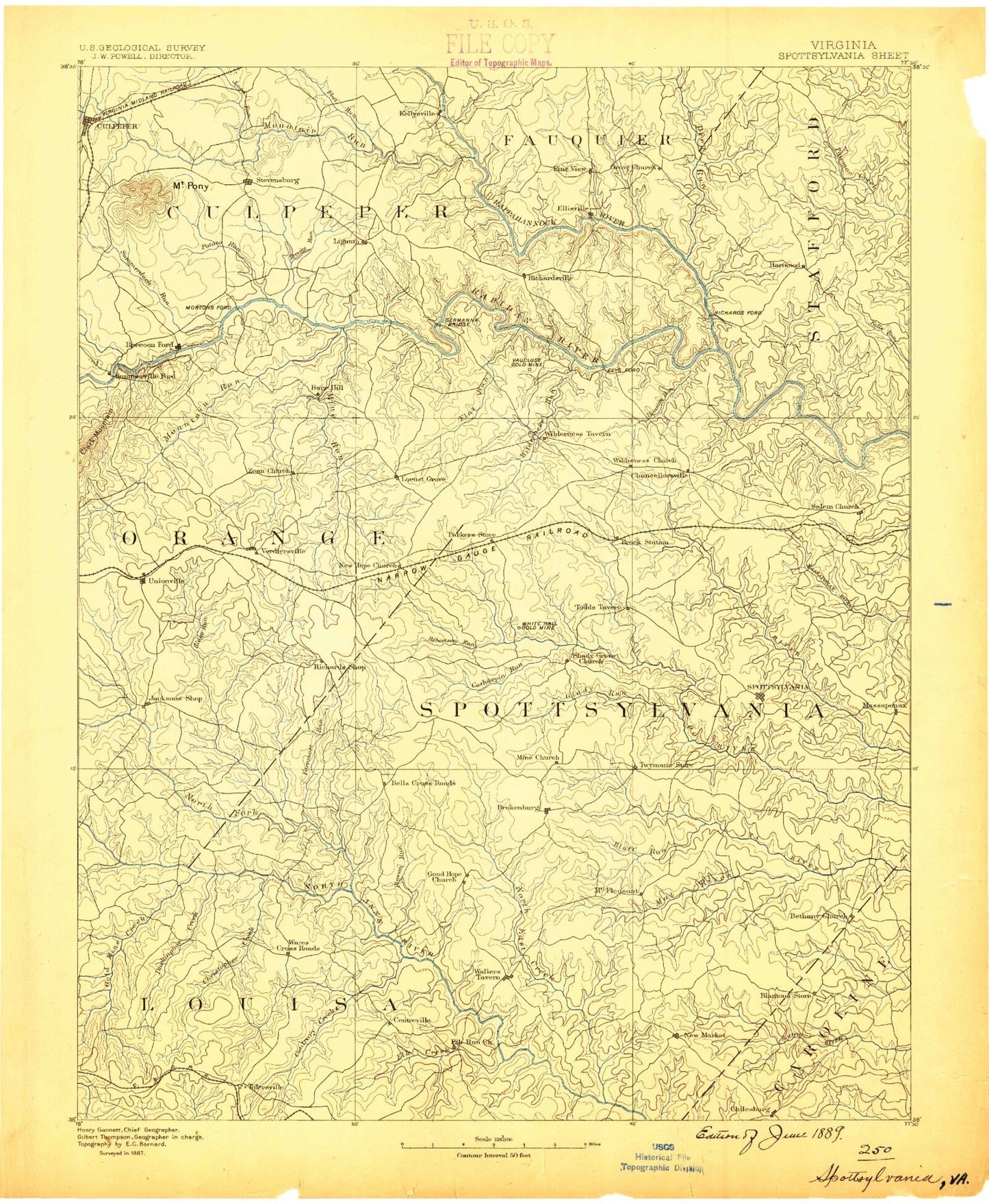Historic 1887 Spotsylvania Virginia 30'x30' Topo Map Image