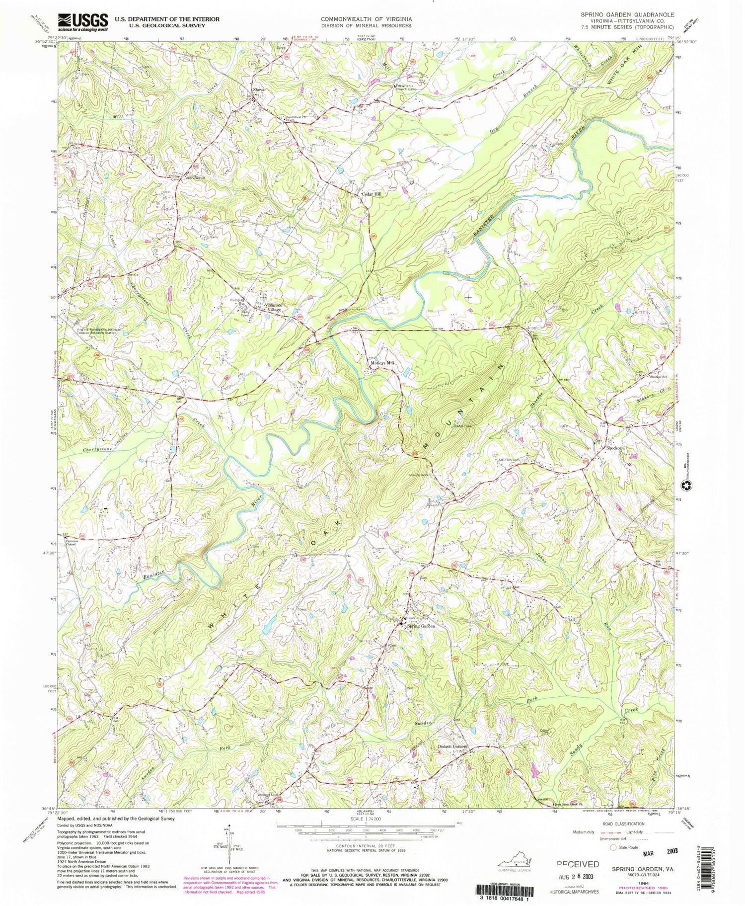 Classic USGS Spring Garden Virginia 7.5'x7.5' Topo Map Image