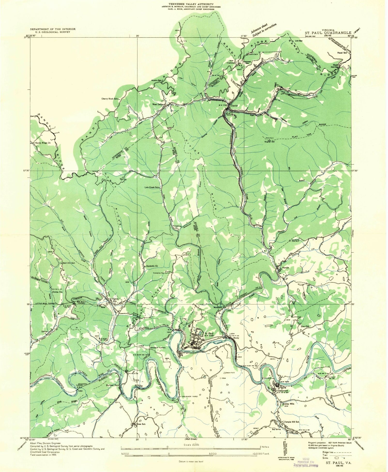 Classic USGS Saint Paul Virginia 7.5'x7.5' Topo Map Image