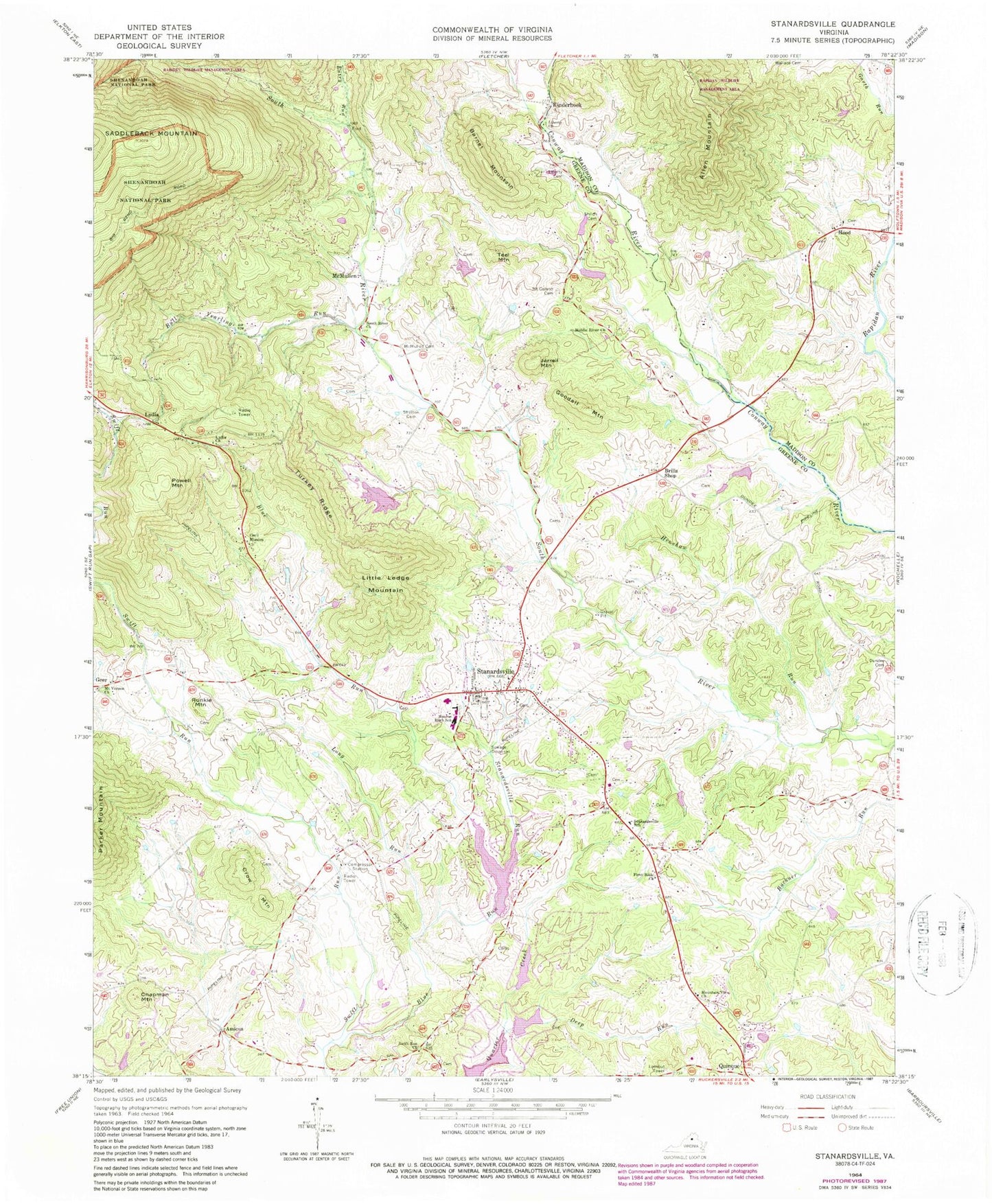 Classic USGS Stanardsville Virginia 7.5'x7.5' Topo Map Image