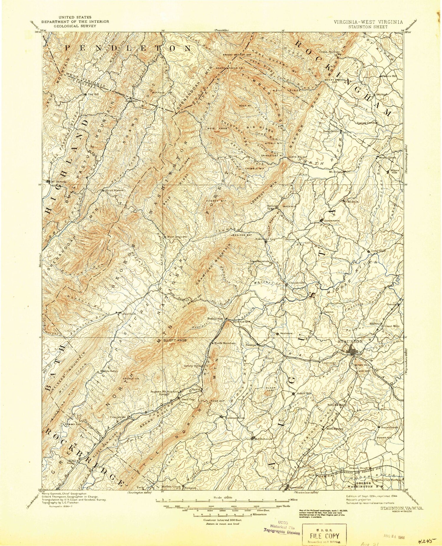 Historic 1894 Staunton Virginia 30'x30' Topo Map Image