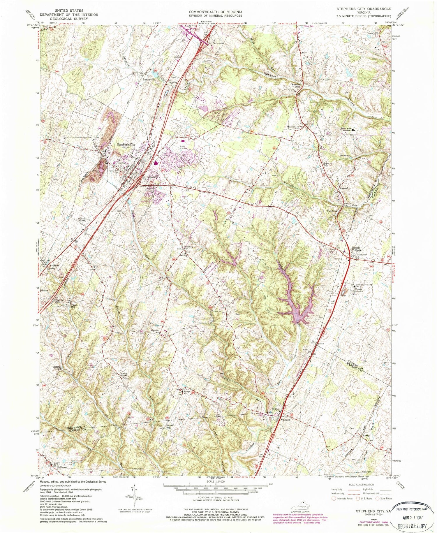 Classic USGS Stephens City Virginia 7.5'x7.5' Topo Map Image
