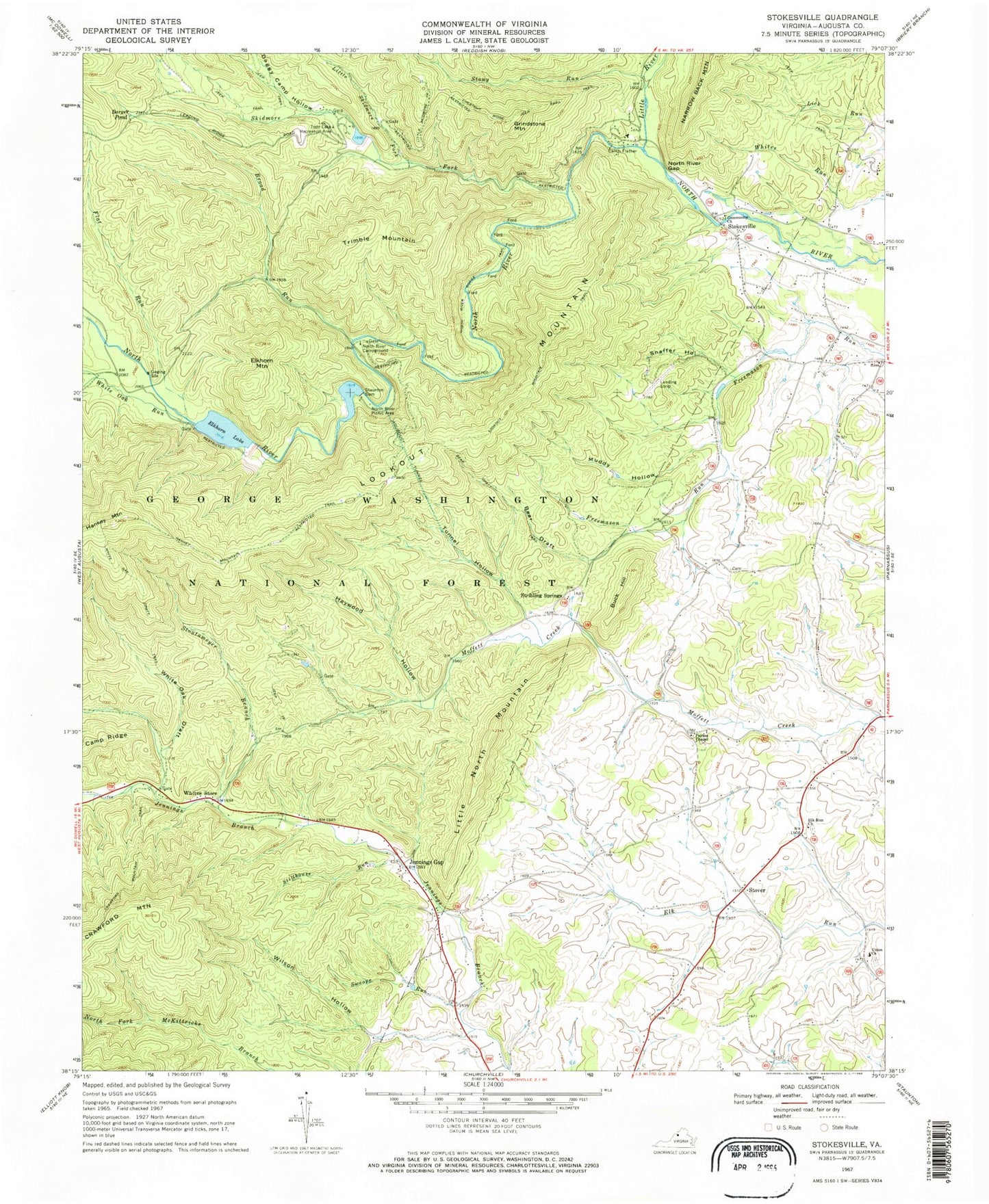 Classic USGS Stokesville Virginia 7.5'x7.5' Topo Map Image