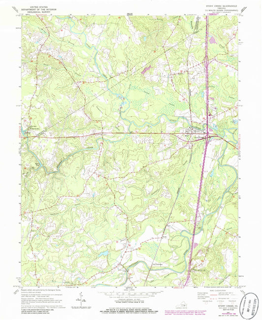 Classic USGS Stony Creek Virginia 7.5'x7.5' Topo Map Image
