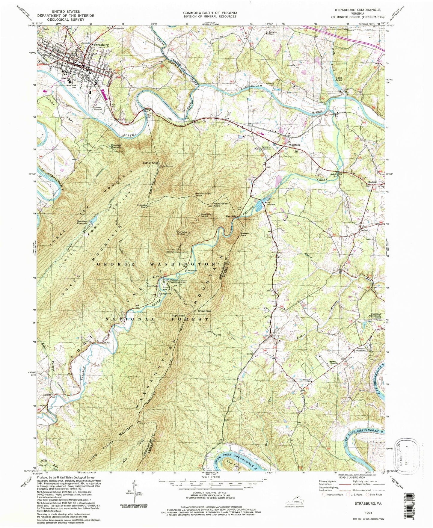 USGS Classic Strasburg Virginia 7.5'x7.5' Topo Map Image
