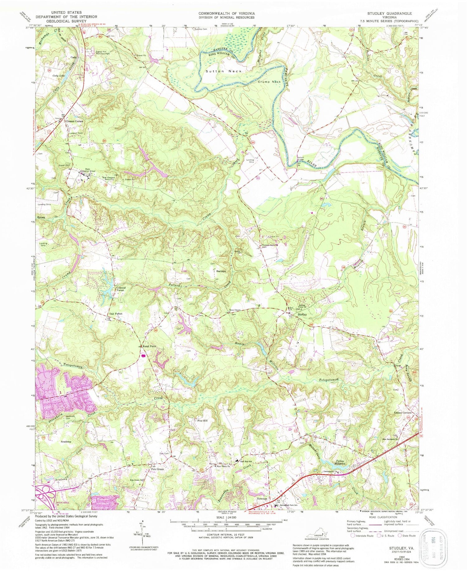 Classic USGS Studley Virginia 7.5'x7.5' Topo Map Image