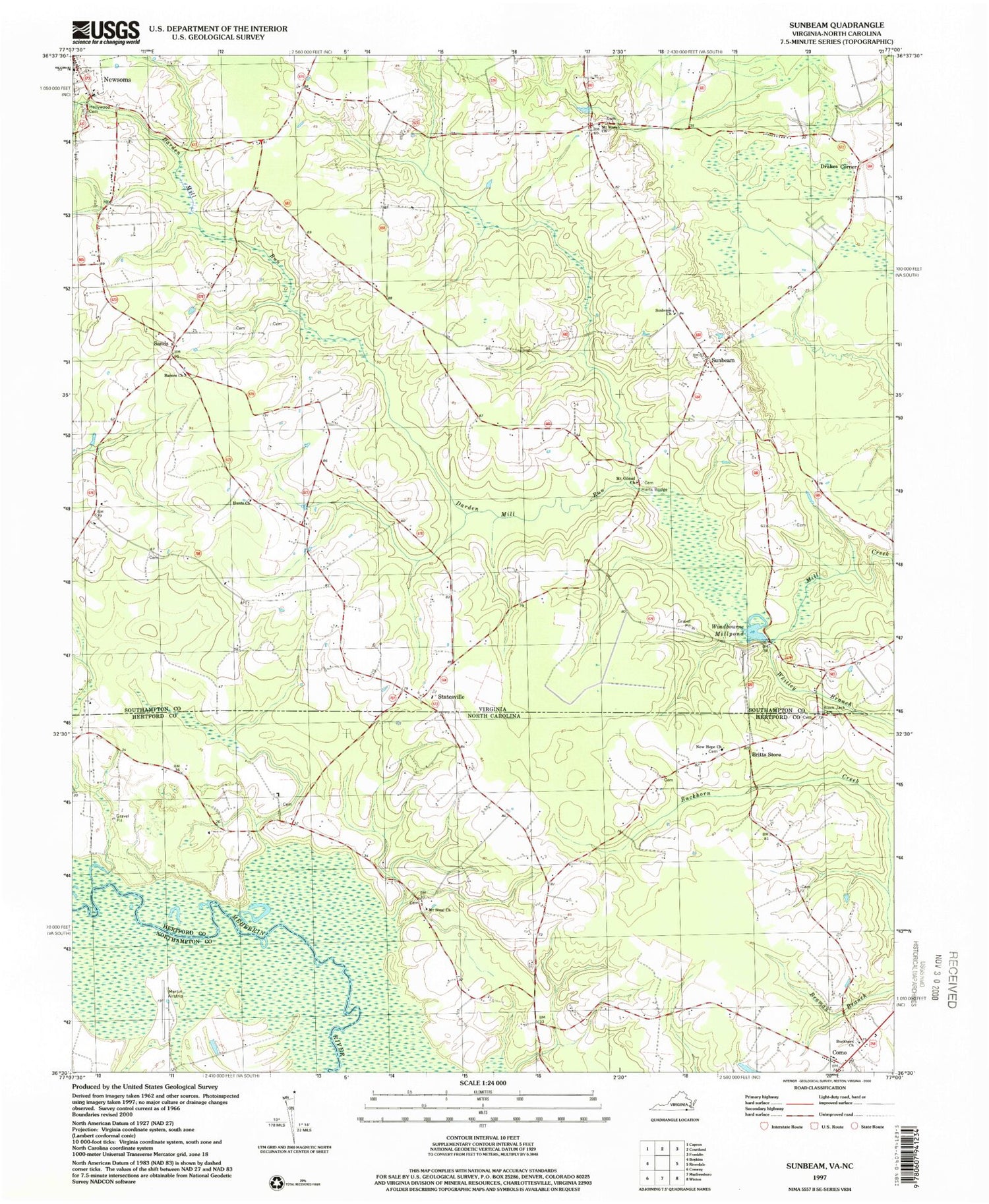 Classic USGS Sunbeam Virginia 7.5'x7.5' Topo Map Image