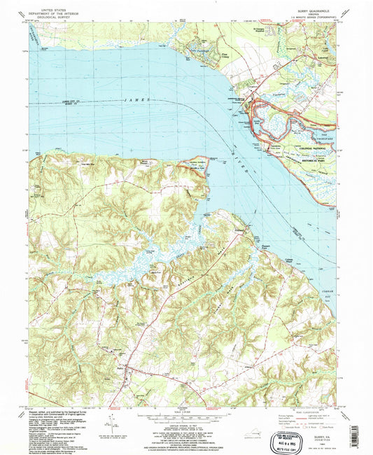 Classic USGS Surry Virginia 7.5'x7.5' Topo Map Image