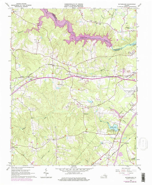 Classic USGS Sutherland Virginia 7.5'x7.5' Topo Map Image