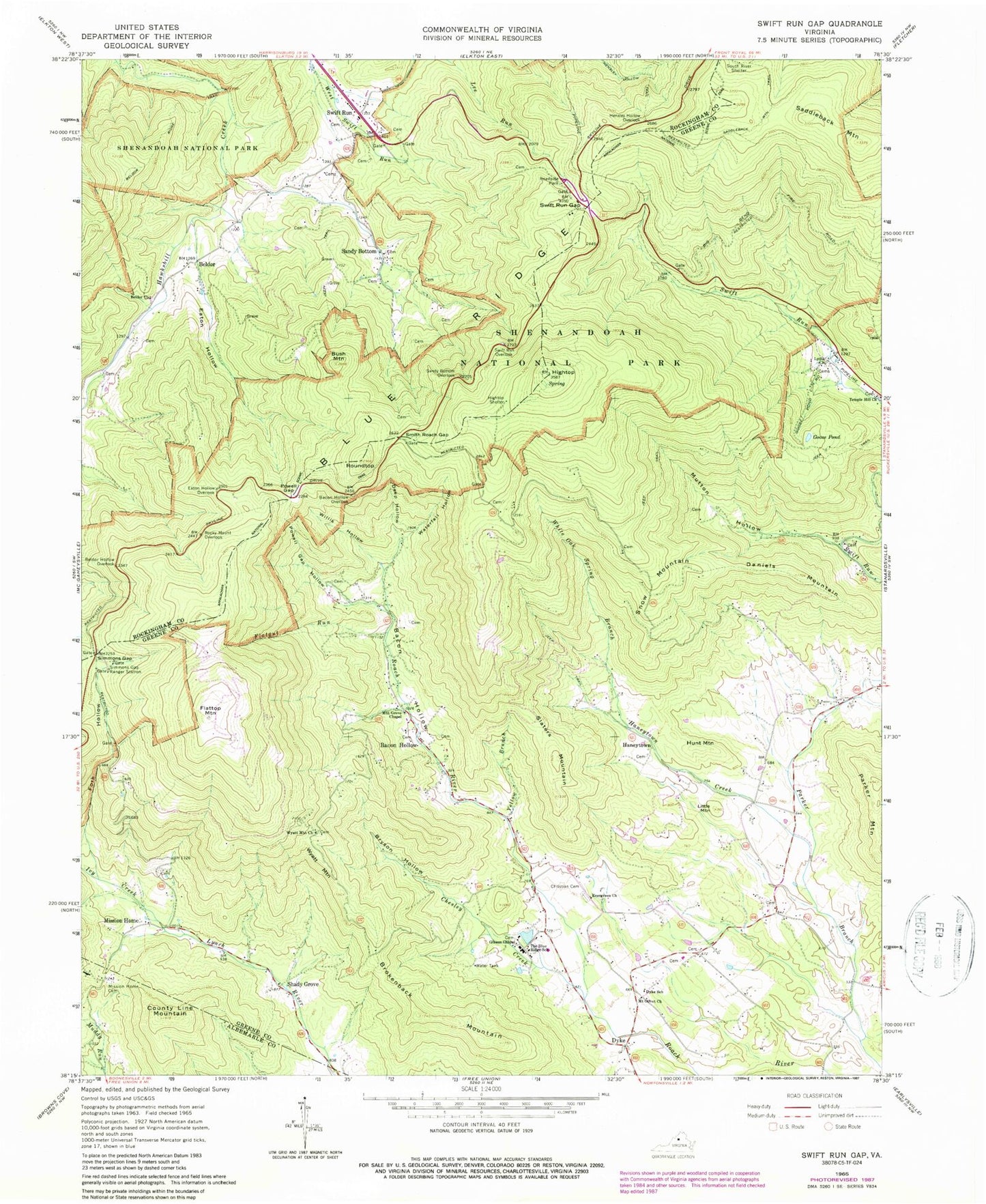 USGS Classic Swift Run Gap Virginia 7.5'x7.5' Topo Map Image