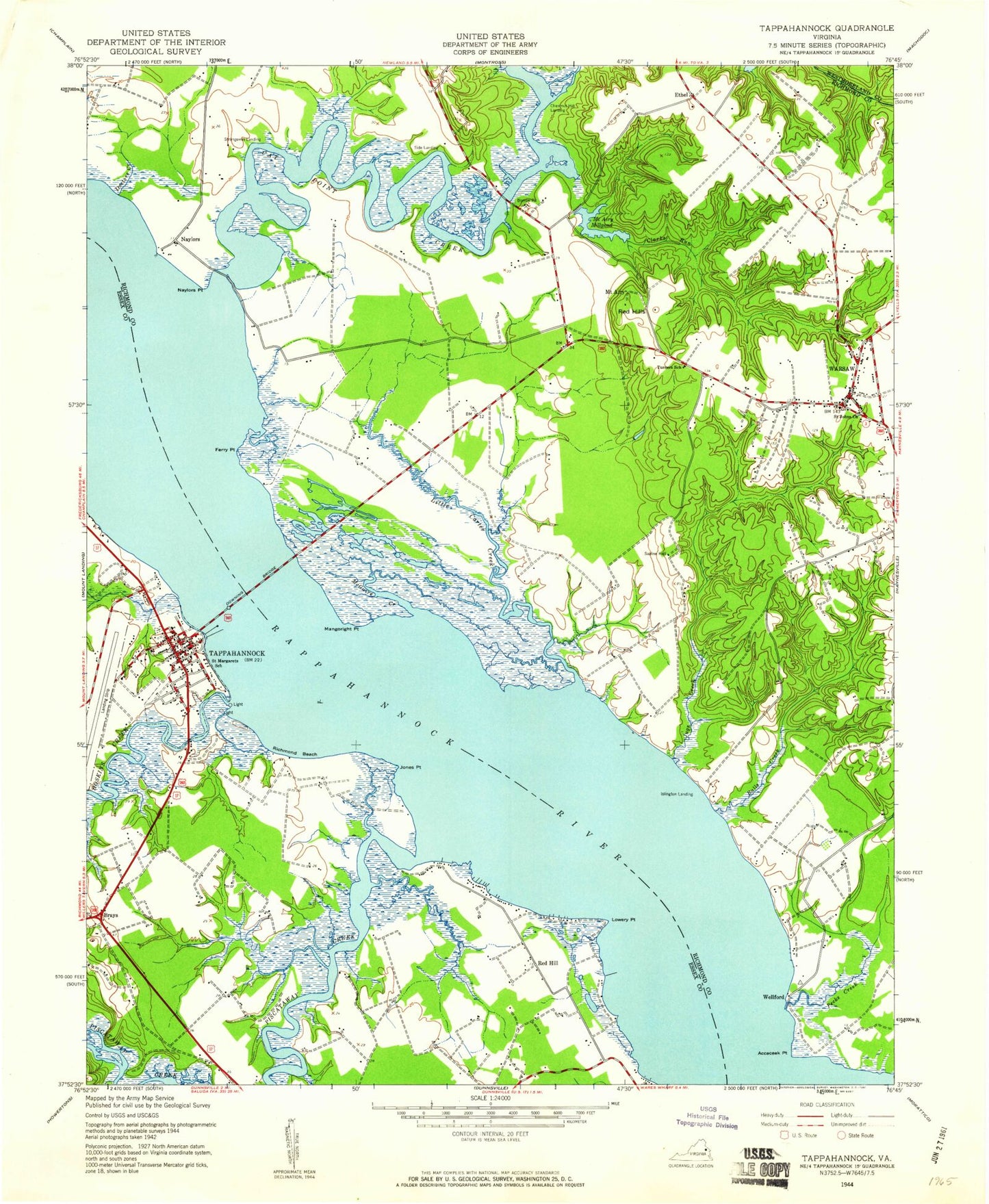 Classic USGS Tappahannock Virginia 7.5'x7.5' Topo Map Image