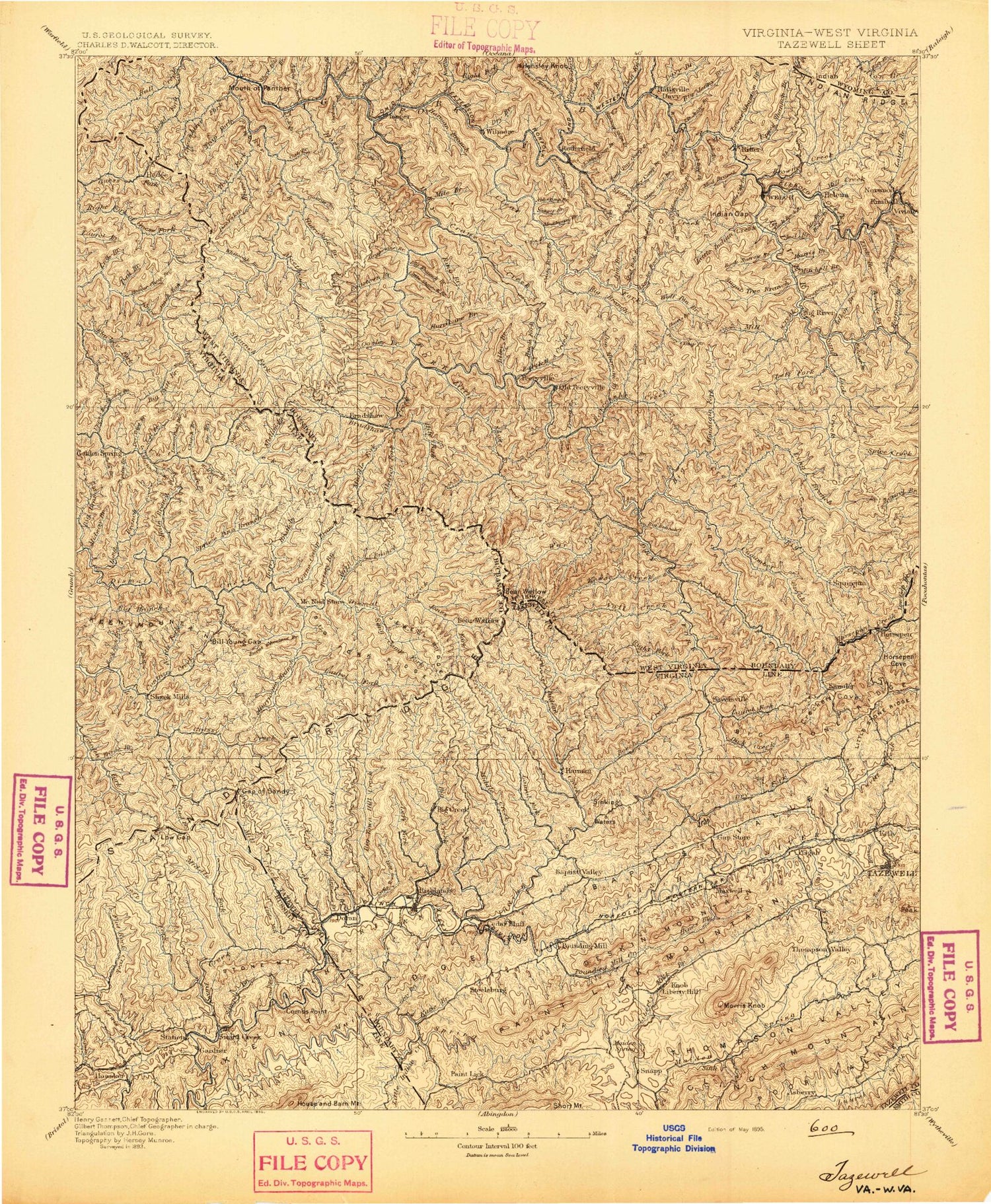 Historic 1895 Tazewell Virginia 30'x30' Topo Map Image