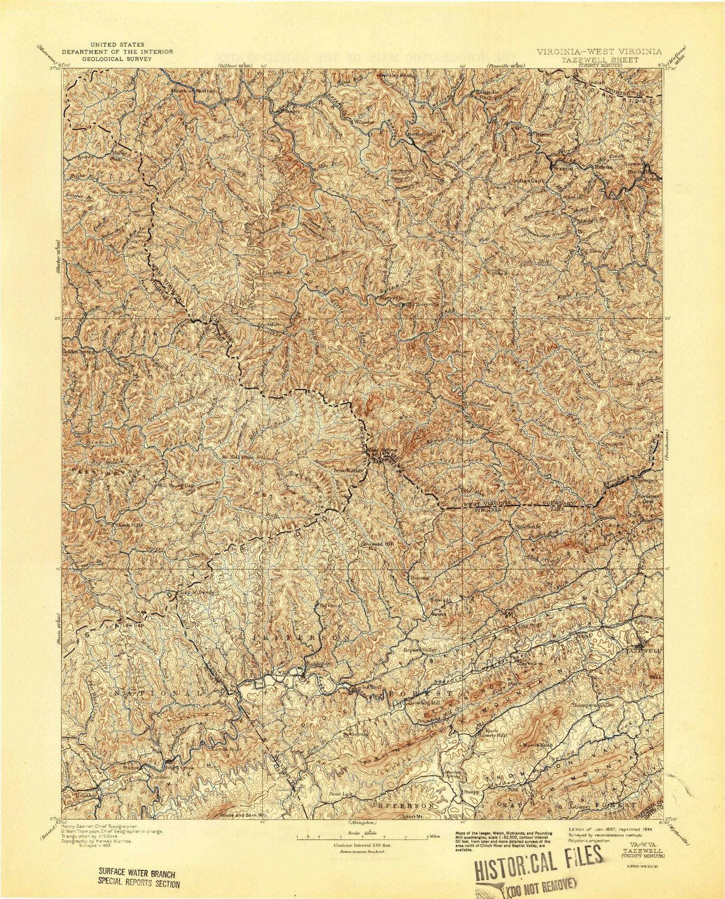 Historic 1897 Tazewell Virginia 30'x30' Topo Map Image