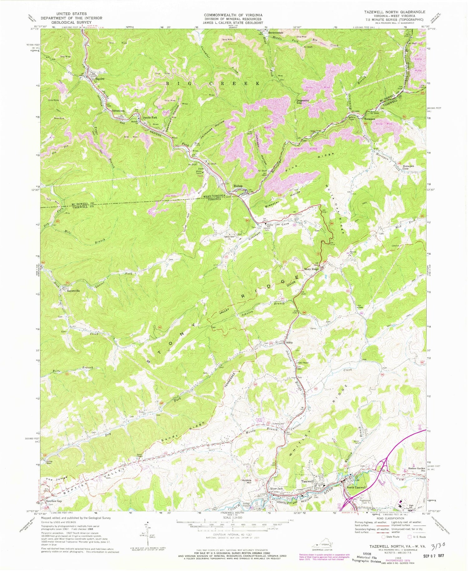 Classic USGS Tazewell North Virginia 7.5'x7.5' Topo Map Image
