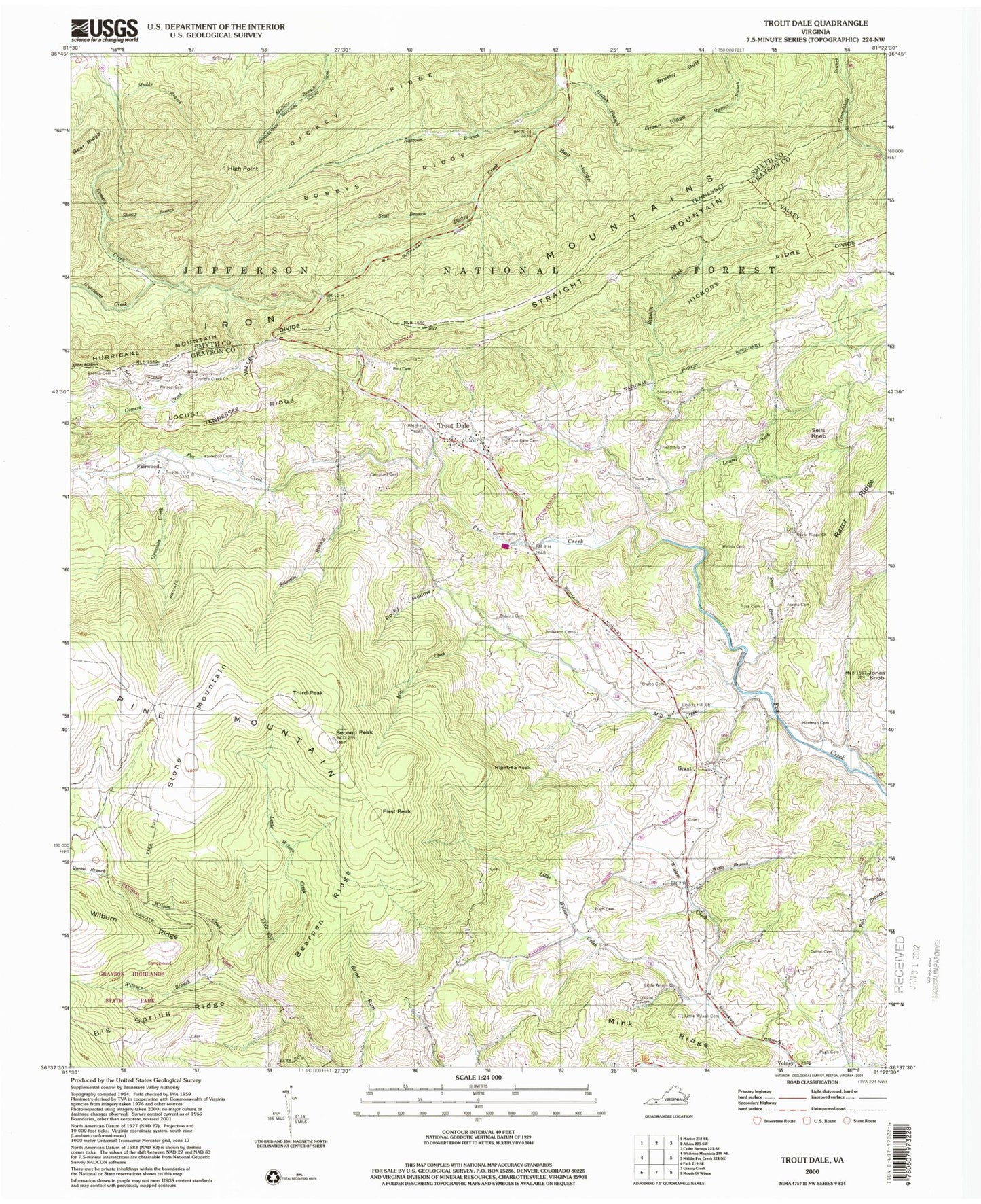 Classic USGS Trout Dale Virginia 7.5'x7.5' Topo Map Image