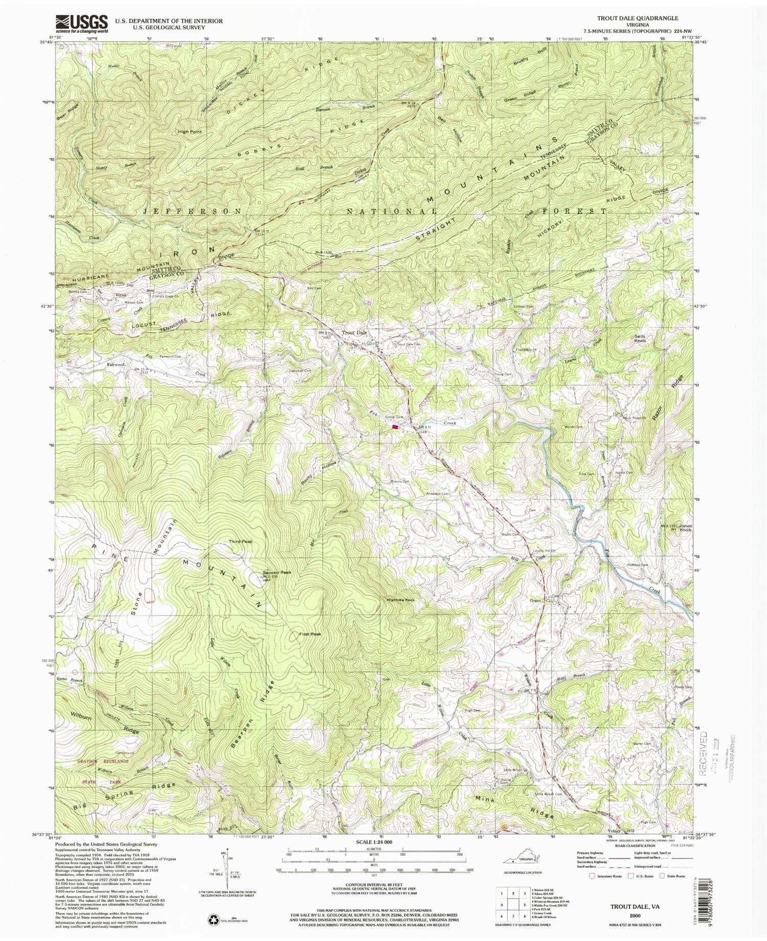 Classic USGS Trout Dale Virginia 7.5'x7.5' Topo Map Image