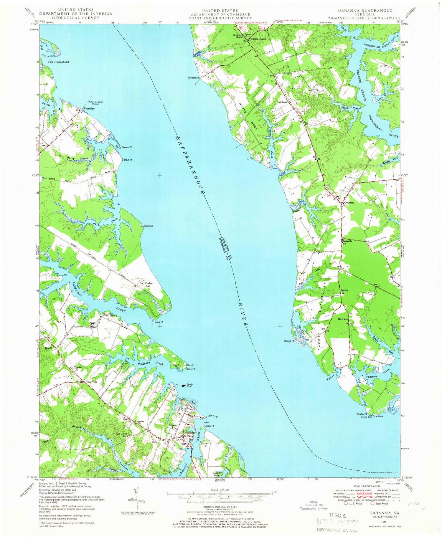 Classic USGS Urbanna Virginia 7.5'x7.5' Topo Map Image