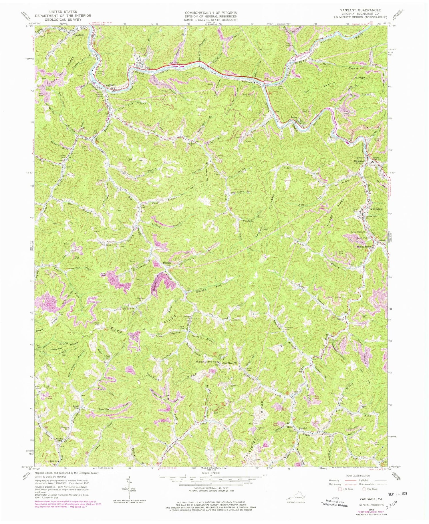 Classic USGS Vansant Virginia 7.5'x7.5' Topo Map Image