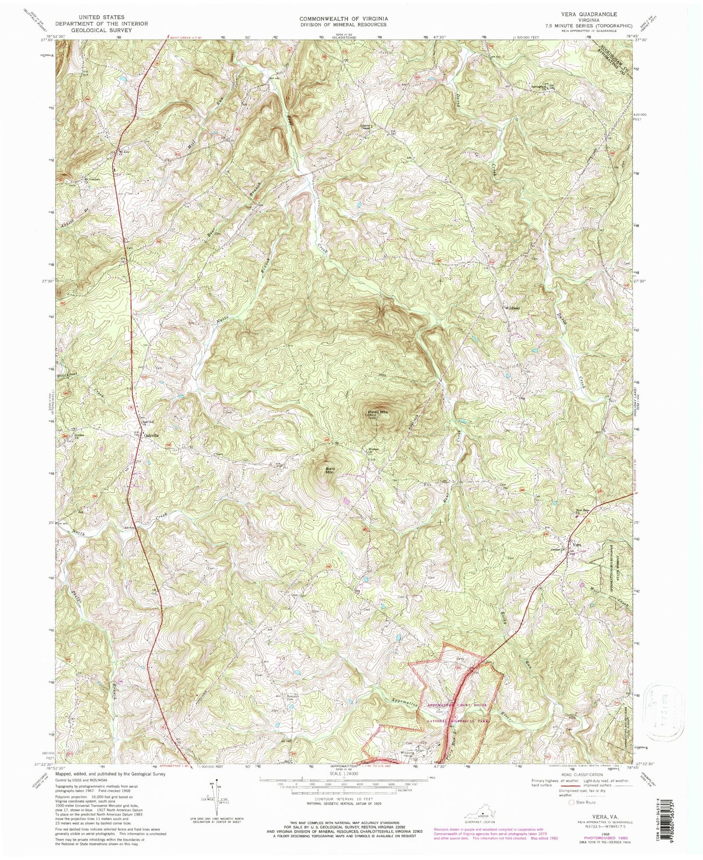 Classic USGS Vera Virginia 7.5'x7.5' Topo Map Image