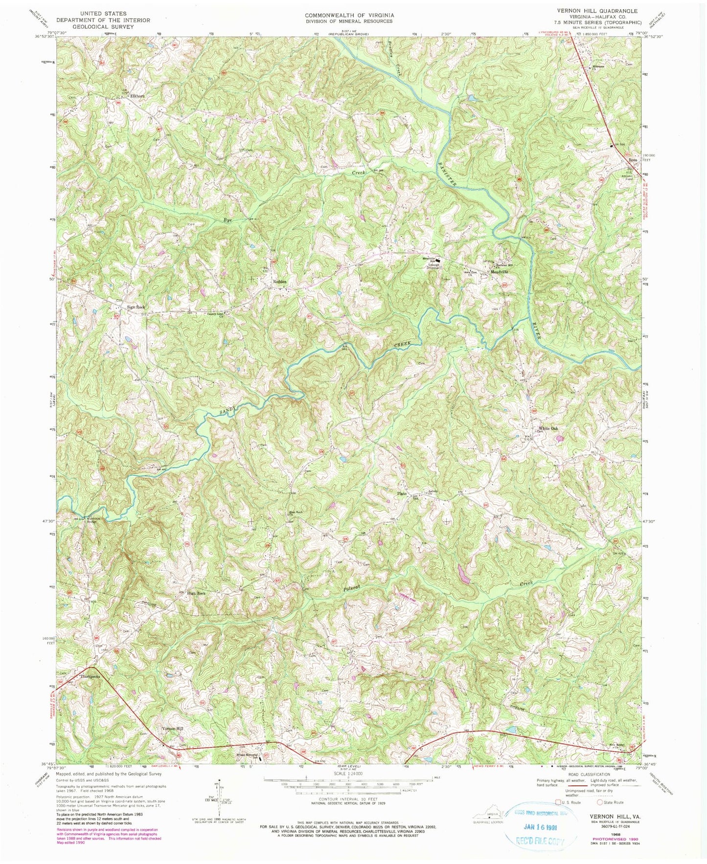 Classic USGS Vernon Hill Virginia 7.5'x7.5' Topo Map Image