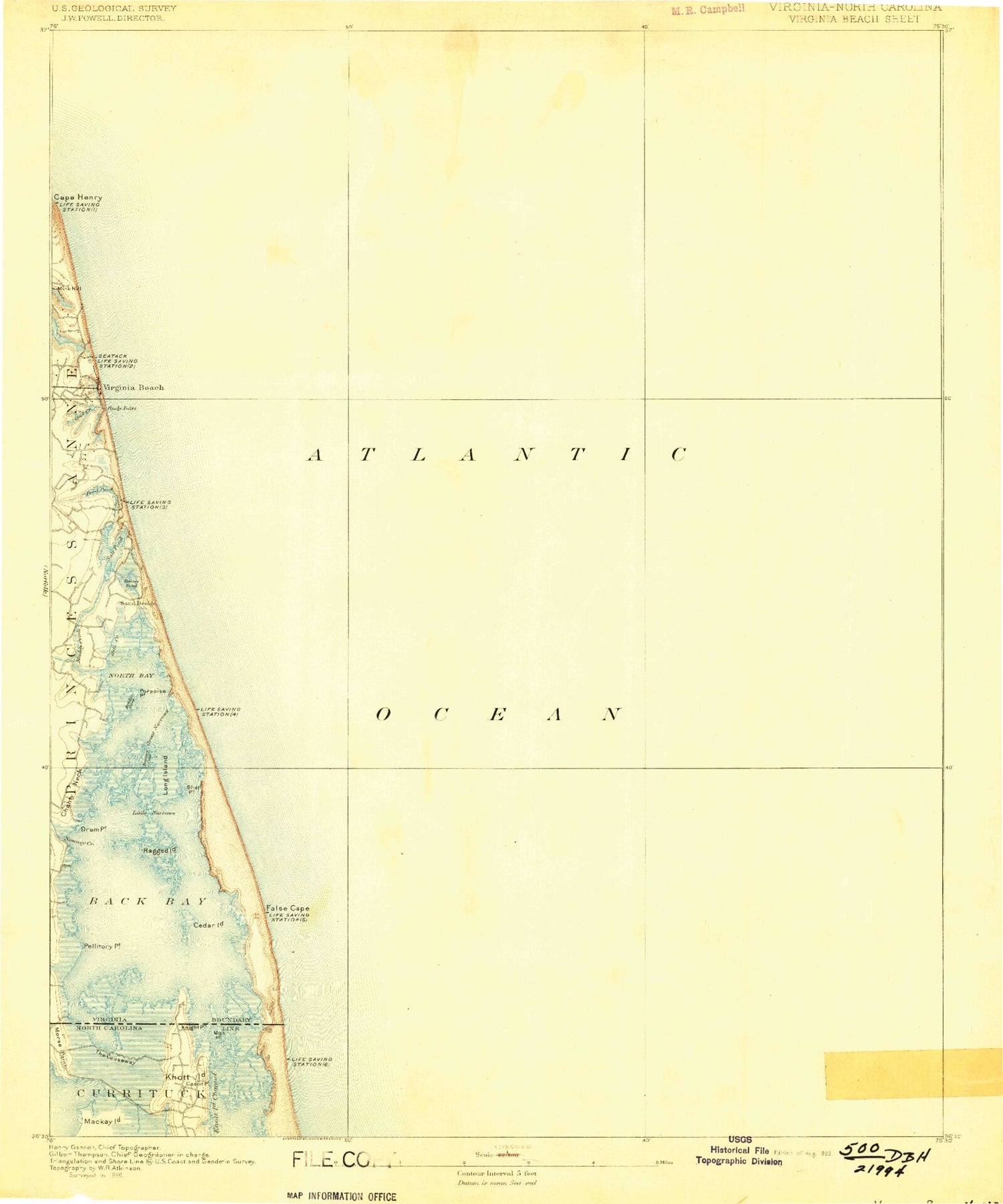 Historic 1893 Virginia Beach Virginia 30'x30' Topo Map Image