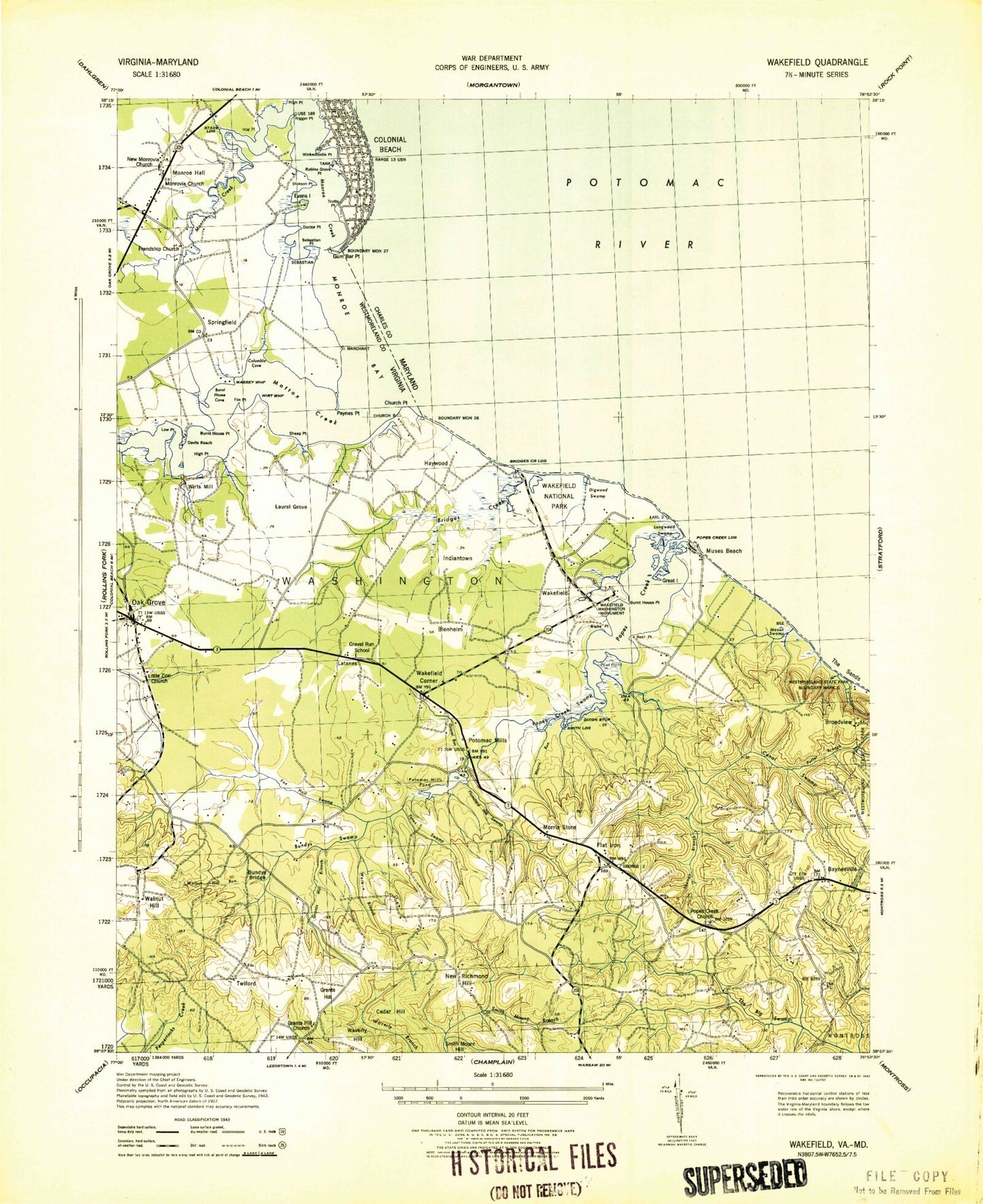 Classic USGS Colonial Beach South Virginia 7.5'x7.5' Topo Map Image