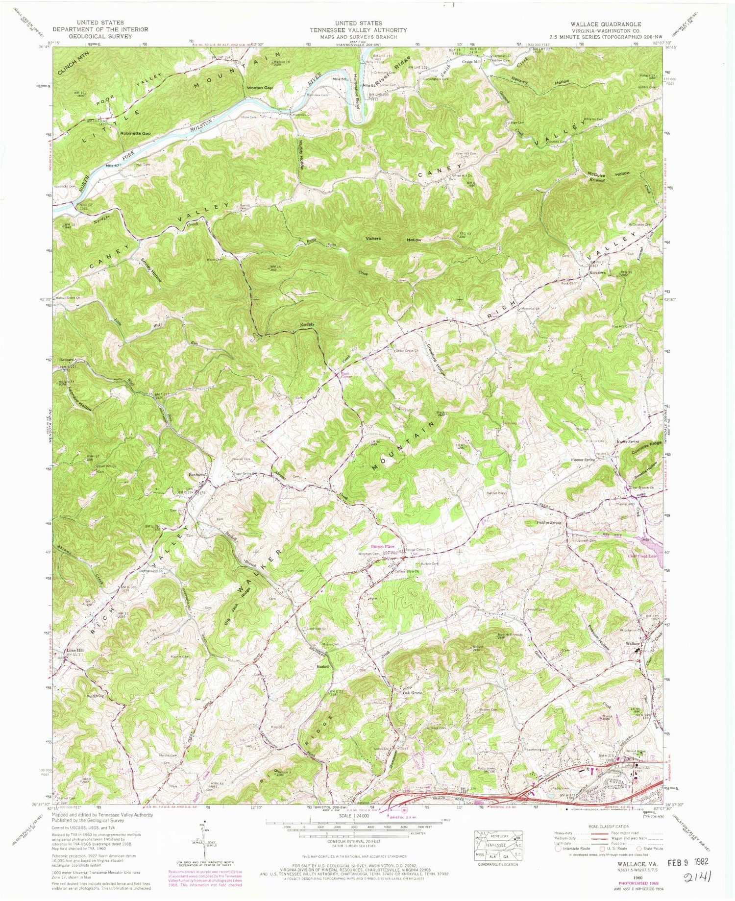 Classic USGS Wallace Virginia 7.5'x7.5' Topo Map Image