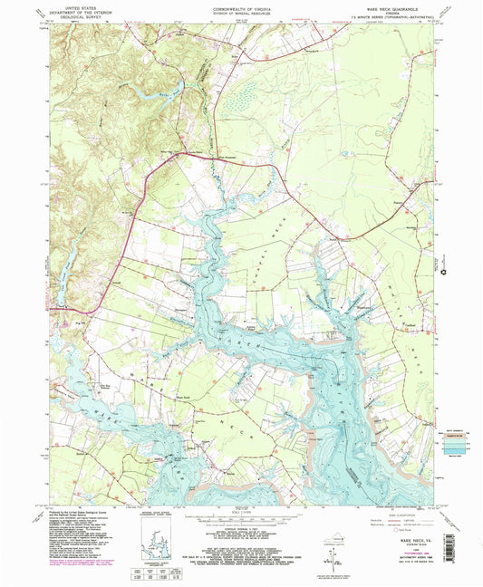 Classic USGS Ware Neck Virginia 7.5'x7.5' Topo Map Image