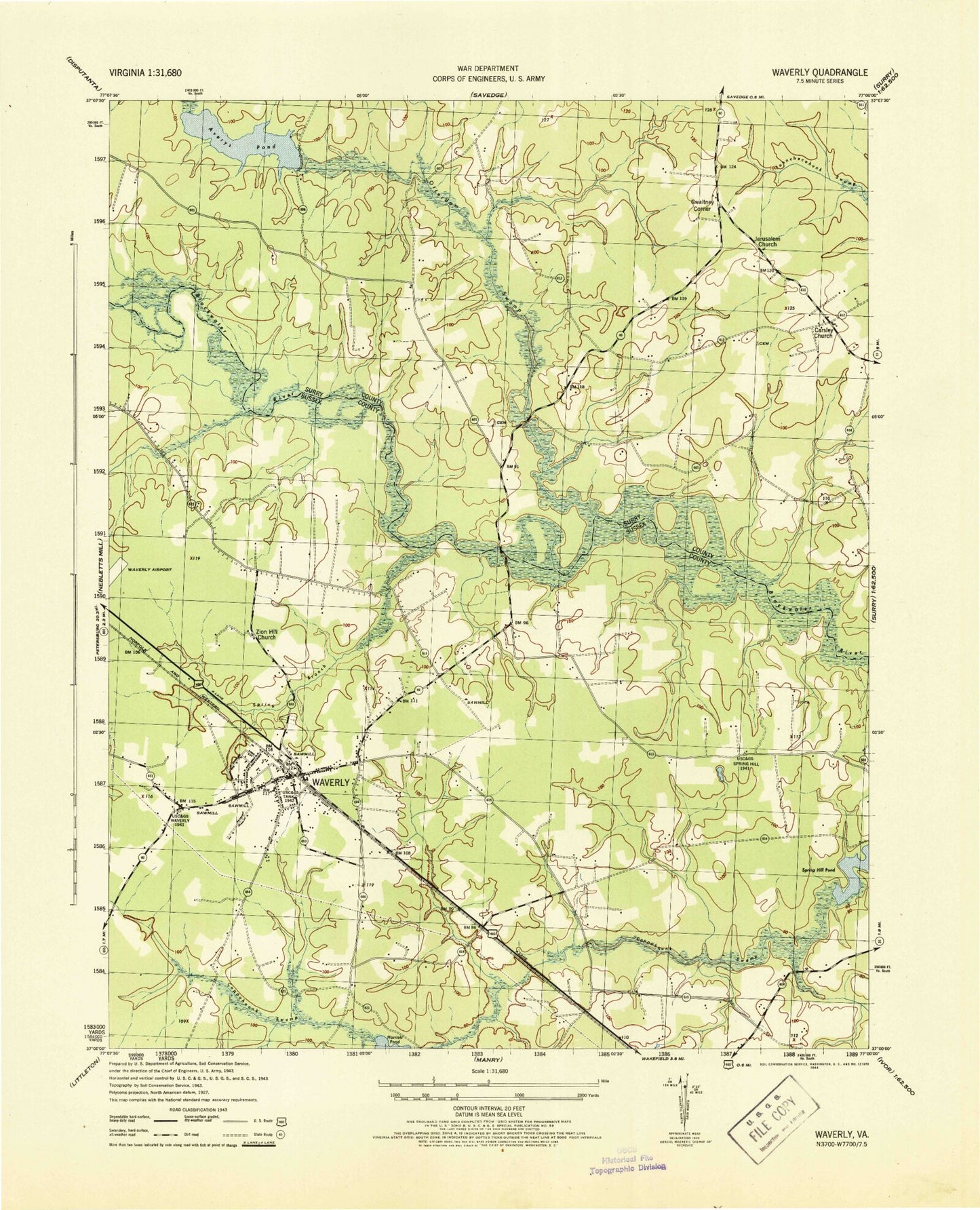 Classic USGS Waverly Virginia 7.5'x7.5' Topo Map Image