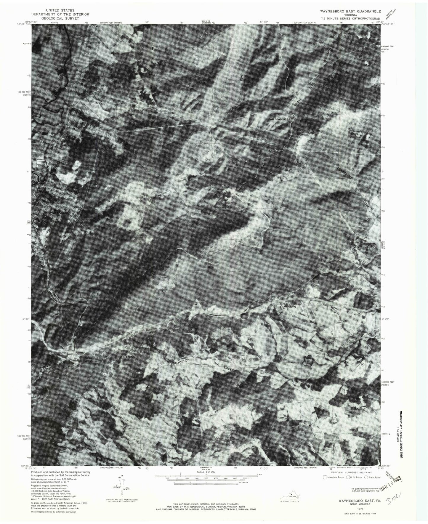 Classic USGS Waynesboro East Virginia 7.5'x7.5' Topo Map Image