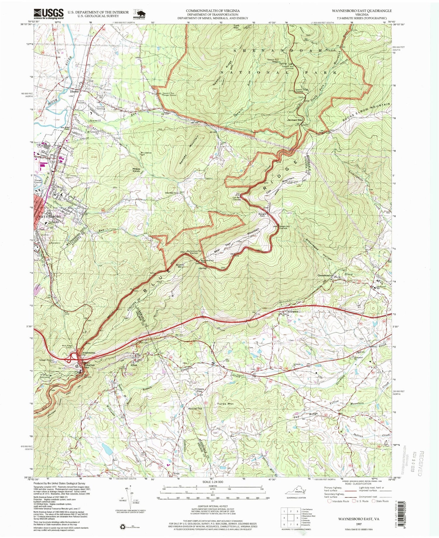 Classic USGS Waynesboro East Virginia 7.5'x7.5' Topo Map Image