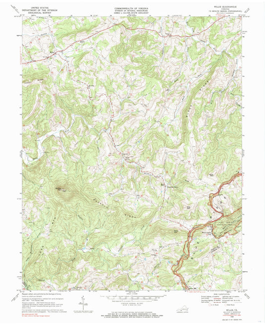 Classic USGS Willis Virginia 7.5'x7.5' Topo Map Image