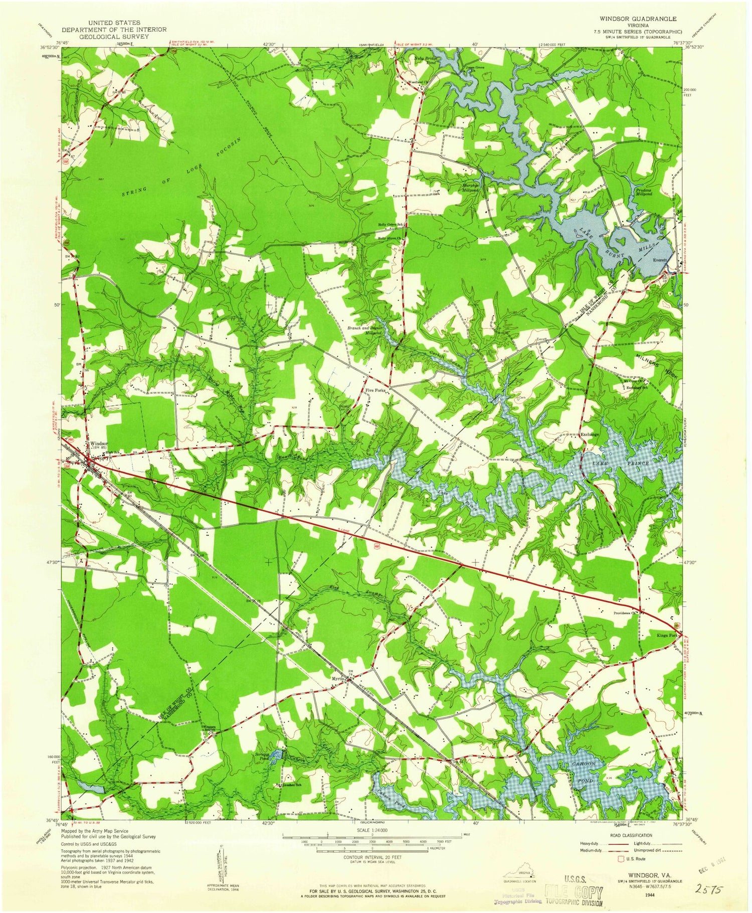 Classic USGS Windsor Virginia 7.5'x7.5' Topo Map Image